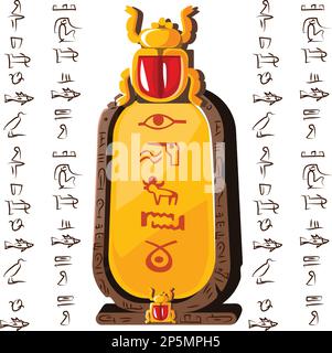 Stone board or clay tablet with scarab beetle and Egyptian hieroglyphs cartoon vector illustration Ancient object for recording storing information, graphical user interface for game design on white Stock Vector