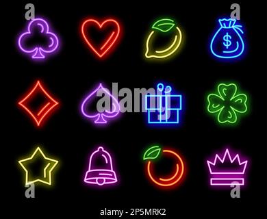 Slot machine neon vector icons for casino gambling on black background. Glowing symbols for slot games, golden star, red heart, crown, money bag and playing cards suits Stock Vector