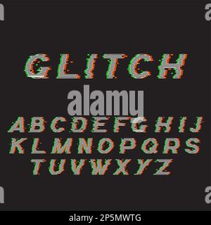 Glitch font or distorted abc, trendy latin type set vector illustration. Broken characters, distortion effect of inscription on screen, capital letters isolated on black background Stock Vector