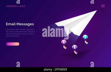 Email message service, isometric concept vector illustration. Flying paper plane and parachuting icon envelopes, unread message, ultraviolet web page for email marketing company, sending notifications Stock Vector