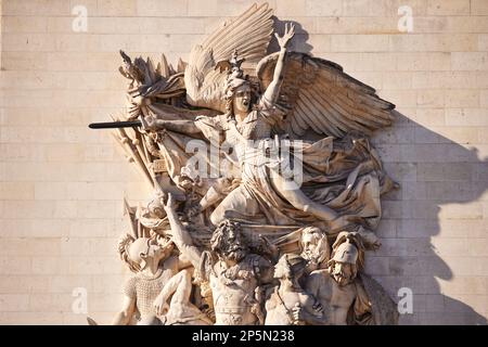 Paris landmark, Arc de Triomphe statue Le Départ de 1792, sculptural group celebrates the cause of the French First Republic during uprising Stock Photo