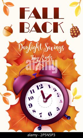 Daylight Savings Time Ends, alarm clock on dry leaves Stock Vector
