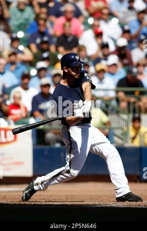 MILWAUKEE, WI - SEPTEMBER 3: Shortstop J.J. Hardy #7 of the Milwaukee  Brewers runs to first base after hitting the baseball against the New York  Mets at the Miller Park on September