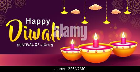 Happy Diwali Festival of Lights, candle holder and clouds with beautiful light Stock Vector