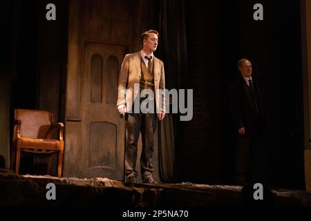 Matthew Spencer as 'The Actor' and Julian Forsyth as 'Arthur Kipps' during the final scene and curtain call for ÔThe Woman in BlackÕ, on the final night as it closes in the West End, ending the productions 33-year run. Credit: Jeff Gilbert/Alamy Live News Stock Photo