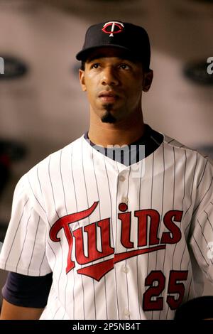 MINNEAPOLIS, MN - JULY 9: Shortstop Nick Punto #8 of the Minnesota Twins  stands ready in position against the New York Yankees at Hubert H. Humphrey  Metrodome on July 9, 2008 in