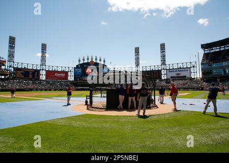 Players for the Chicago White Sox stand for the national anthem before a spring  training baseball game against the Oakland Athletics Friday, April 1, 2022,  in Glendale, Ariz. (AP Photo/Charlie Riedel Stock