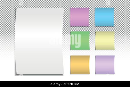 Set of white and colored sheets of paper for notes. Collection of notes with shadow. Realistic paper stickers for your message. Design element for Stock Vector