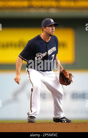 MILWAUKEE, WI - MAY 3: Shortstop J.J. Hardy #7 of the Milwaukee Brewers  follows through on his swing after hitting the baseballl against the  Arizona Diamondbacks at the Miller Park on May