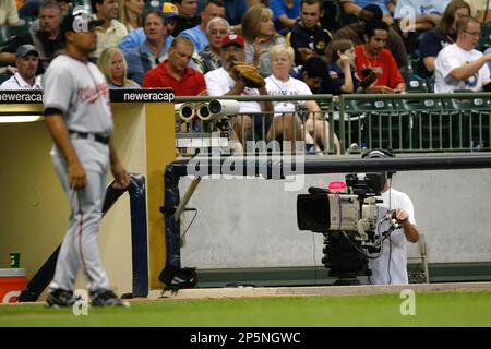 Milwaukee, WI, USA. 10th Apr, 2016. Barrelman waves to fans on the top of  dugout prior to the Major League Baseball game between the Milwaukee Brewers  and the Houston Astros at Miller