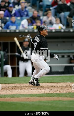CHICAGO - MAY 6: Tadahito Iguchi #15 of the Chicago White Sox swings at the  pitch during a game against the Kansas City Royals at U.S. Cellular Field  on May 6, 2005