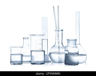 Laboratory glassware with liquid isolated on white Stock Photo