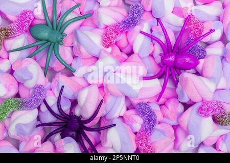 Halloween concept. Spiders and marmalade worms on a background of purple and pink marshmallows. Traditional autumn holiday. flat lay, top view. High q Stock Photo