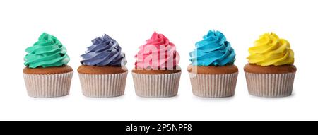 Different delicious colorful cupcakes on white background Stock Photo