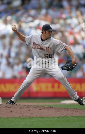 MILWAUKEE - JULY 14: Luis Ayala #56 of the Washington Nationals pitches  during the game against the Milwaukee Brewers at Miller Park on July 14,  2005 in Milwaukee, Wisconsin. The Brewers defeated