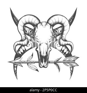 Monochrome Tattoo of Bull Skull and Indian Arrow isolated on white. Vector illustration. Stock Vector