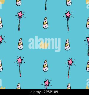 Seamless vector pattern with colored stars of various sizes and magic wand. Childish background for postcards, wallpaper, papers, textiles. Stock Vector