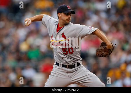 Adam Wainwright #50 of the St. Louis Cardinals leaves the game