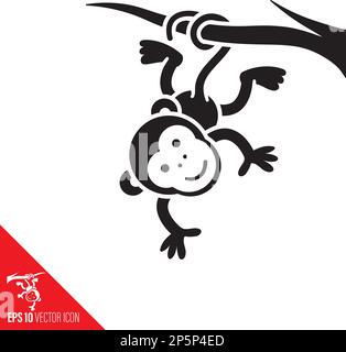 Monkey cartoon character hanging from a branch with his tail vector glyph icon Stock Vector