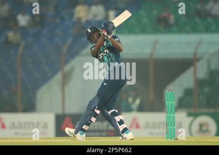 Jofra Archer bats during the Bangladesh-England 3rd One Day International match at Zahur Ahmed Chowdhury Stadium, Sagorika, Chattogram, Bangladesh. Stock Photo