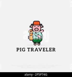 Pink piggy bank wear hat with travel bag logo designs . The creative concept of traveling. cute animal cartoon vector flat style illustration Stock Vector