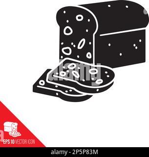 Loaf and slices of whole grain brown bread with nuts and fruits vector glyph icon Stock Vector