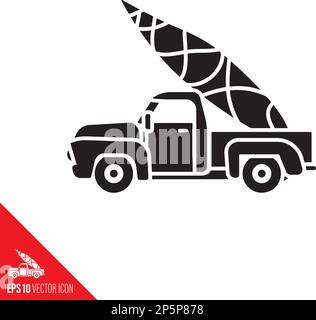 Freshly picked Christmas tree on bed of vintage pickup truck vector glyph icon Stock Vector