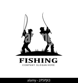 fishing logo icon vector, catch fish on the boat, outdoor sunset silhouette design Stock Vector