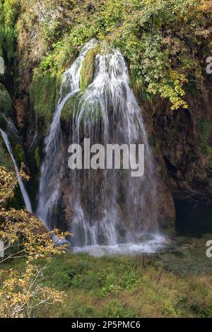 Small waterfall coming out of foliage in the  Plitvice Lakes National Park Stock Photo