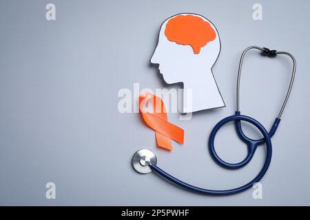 Human head cutout, brain, orange ribbon and stethoscope on grey background, flat lay with space for text. Multiple sclerosis concept Stock Photo