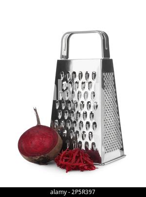 Stainless steel grater and fresh beetroot on white background Stock Photo
