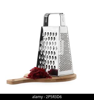 Stainless steel grater and fresh beetroot on white background Stock Photo
