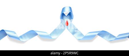 Light blue ribbon with paper blood drop isolated on white. World Diabetes Day Stock Photo