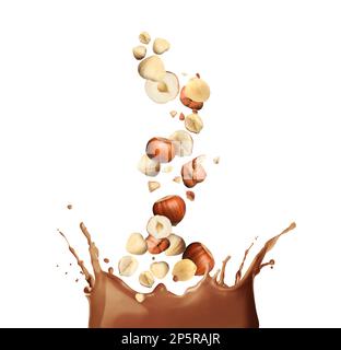 Pieces of tasty hazelnuts and delicious melted chocolate on white background Stock Photo