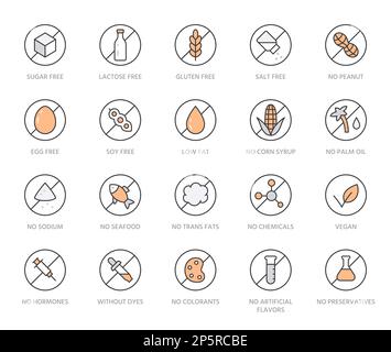 Food allergen line icon set. Gluten free, sugar, lactose, hormone, without peanut, no soy, trans fat minimal vector illustration. Simple outline sign Stock Vector