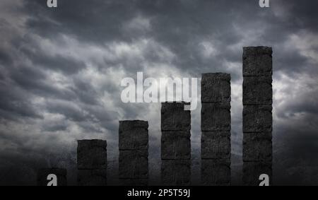 Business Graph Made By Rock Blocks Build with stairs at Cloudy rainy day. Growth and hard work, development and building an empire Stock Photo