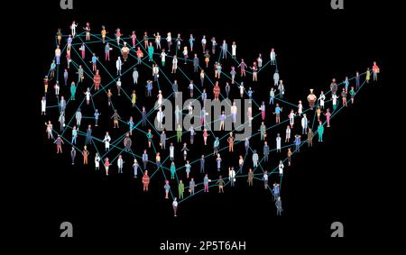 US Population Connected Creative Concept on United States Map. Large Crowd of Different People Standing Together in a Shape of USA Country Symbol. Mul Stock Photo