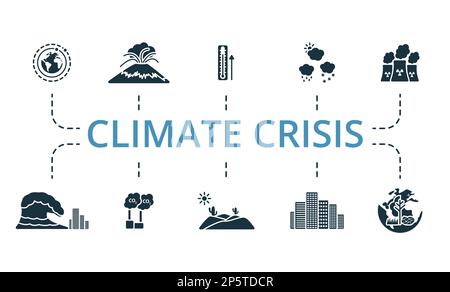 Climate crisis set. Creative icons: changes orbit, vulcanism, temperature rise, weather, nuclear plant, tsunami, carbon dioxide, desert, big city Stock Vector