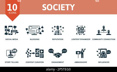Society set. Creative icons: social media, blogging, reputation, content dymanizer, community connection, story telling, content curation, engagement Stock Vector