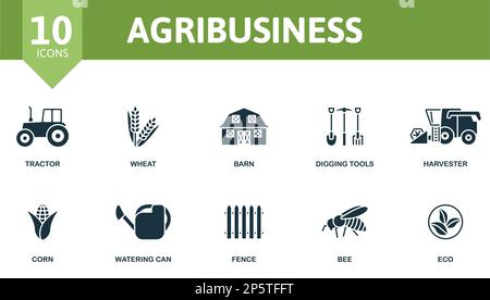 Agribusiness set. Creative icons: tractor, wheat, barn, digging tools, harvester, corn, watering can, fence, bee, eco. Stock Vector