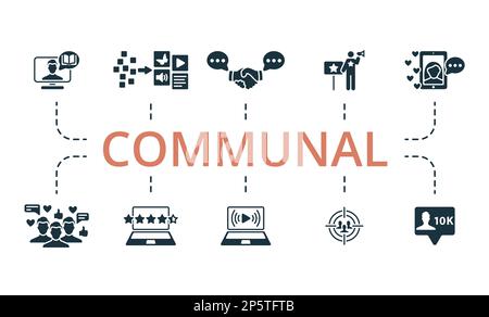 Communal set. Creative icons: story telling, content curation, engagement, ambassador, influencer, subscribers, rating, live streaming, target Stock Vector