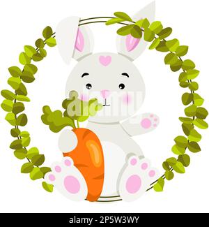 Rabbit holding a carrot in the frame of green leaves Stock Photo