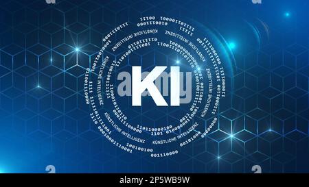 Artificial Intelligence technology concept AI (in german - Kuenstliche Intelligenz KI) - binary code and lettering arranged in a circle Stock Photo