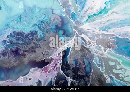 Abstract stylish mixed fluid alcohol ink picture. Modern liquid patterned art. Marbled bright blue texture. Acrylic trendy artwork. Bright abstract Stock Photo