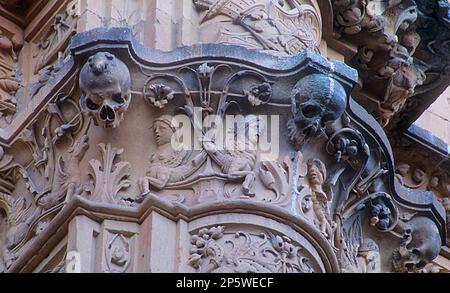 Famous frog on a skull, Detail of plateresque facade of main entrance to the Escuelas Mayores or University building,Salamanca,Spain Stock Photo