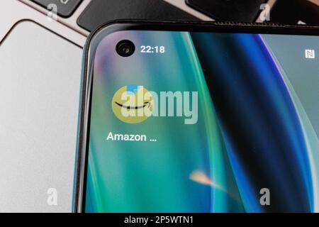 Vilnius, Lithuania - 2023 March 1: Amazon app on smartphone. Close up shot. High quality photo Stock Photo