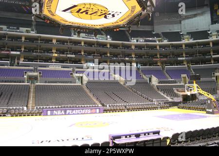 The Staples Center sports arena, home of the Los Angeles Lakers and Clippers  professional basketball teams and the Los Angeles Kings pro hockey team.  Los Angeles, California