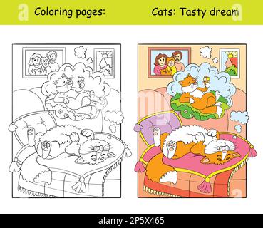 Kids coloring with a funny cat lying on pillows. Vector isolated illustration coloring book and color template. For coloring book, decorating, print, Stock Vector