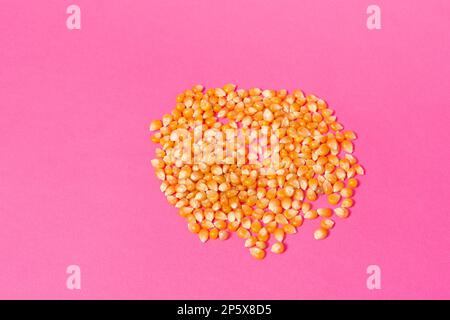 Corn kernels for making popcorn on pink background, copy space and top view. Stock Photo