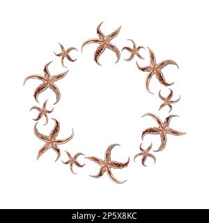 Wreath of large and small starfish. Watercolor illustration. Stock Photo